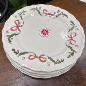 2 Pink Christmas Fine Porcelain Salad Plates 9 Inch Wavy Rim Holiday